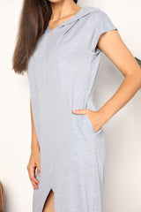 Double Take Short Sleeve Front Slit Hooded Dress - Admiresty