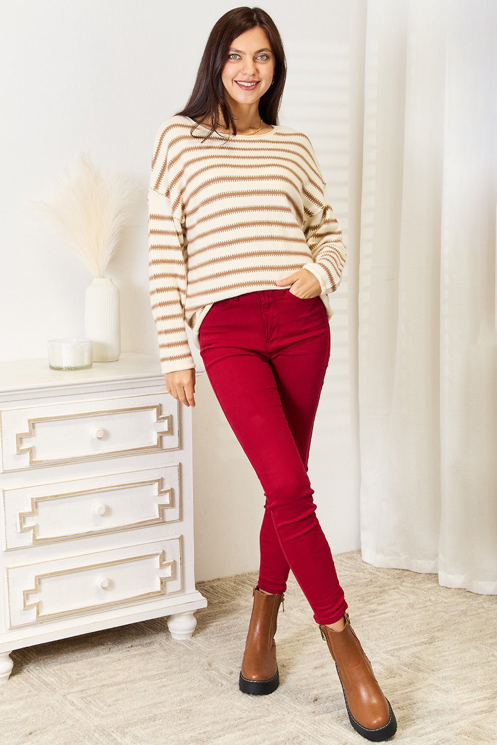 Double Take Striped Boat Neck Sweater - Admiresty