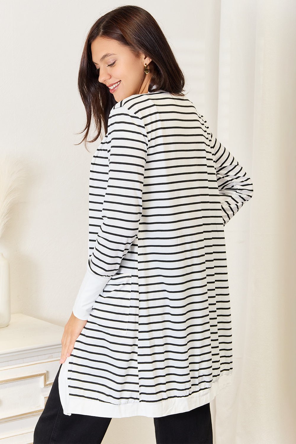 Double Take Striped Open Front Longline Cardigan - Admiresty