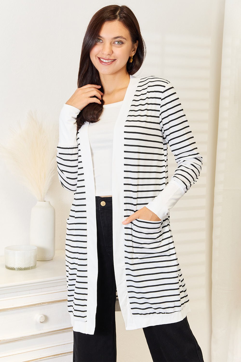 Double Take Striped Open Front Longline Cardigan - Admiresty