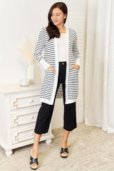 Double Take Striped Open Front Longline Cardigan - Admiresty