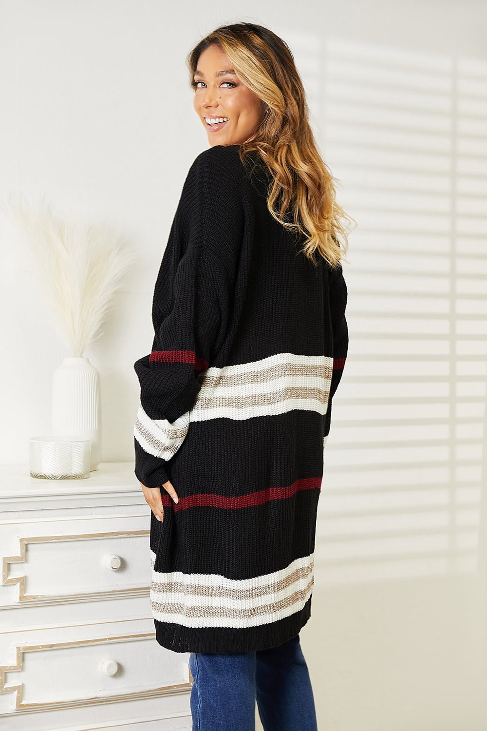 Double Take Striped Rib - Knit Drop Shoulder Open Front Cardigan - Admiresty