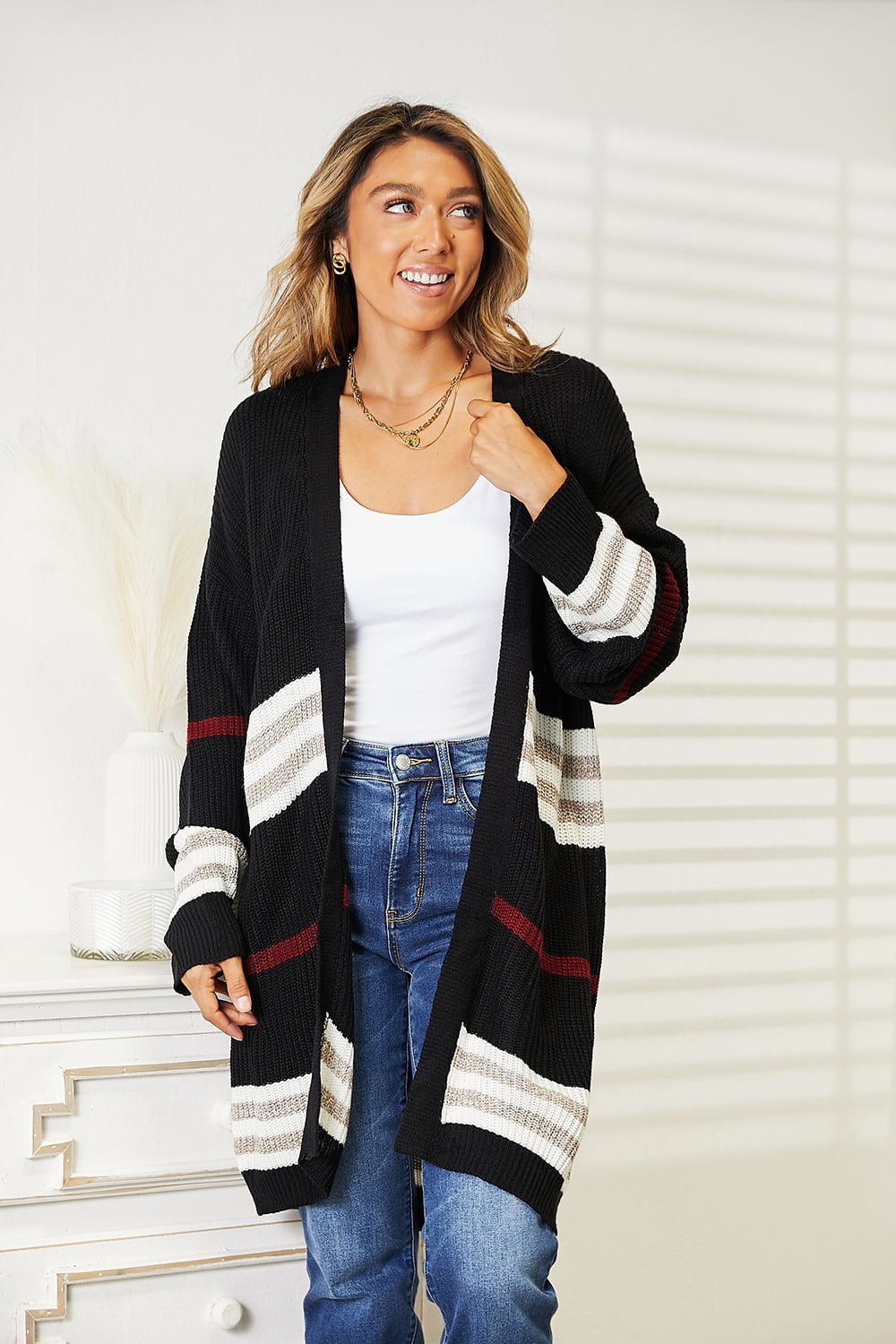 Double Take Striped Rib - Knit Drop Shoulder Open Front Cardigan - Admiresty