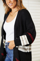 Double Take Striped Rib - Knit Drop Shoulder Open Front Cardigan - Admiresty