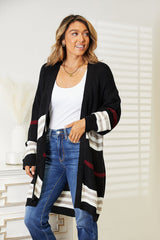 Double Take Striped Rib - Knit Drop Shoulder Open Front Cardigan - Admiresty