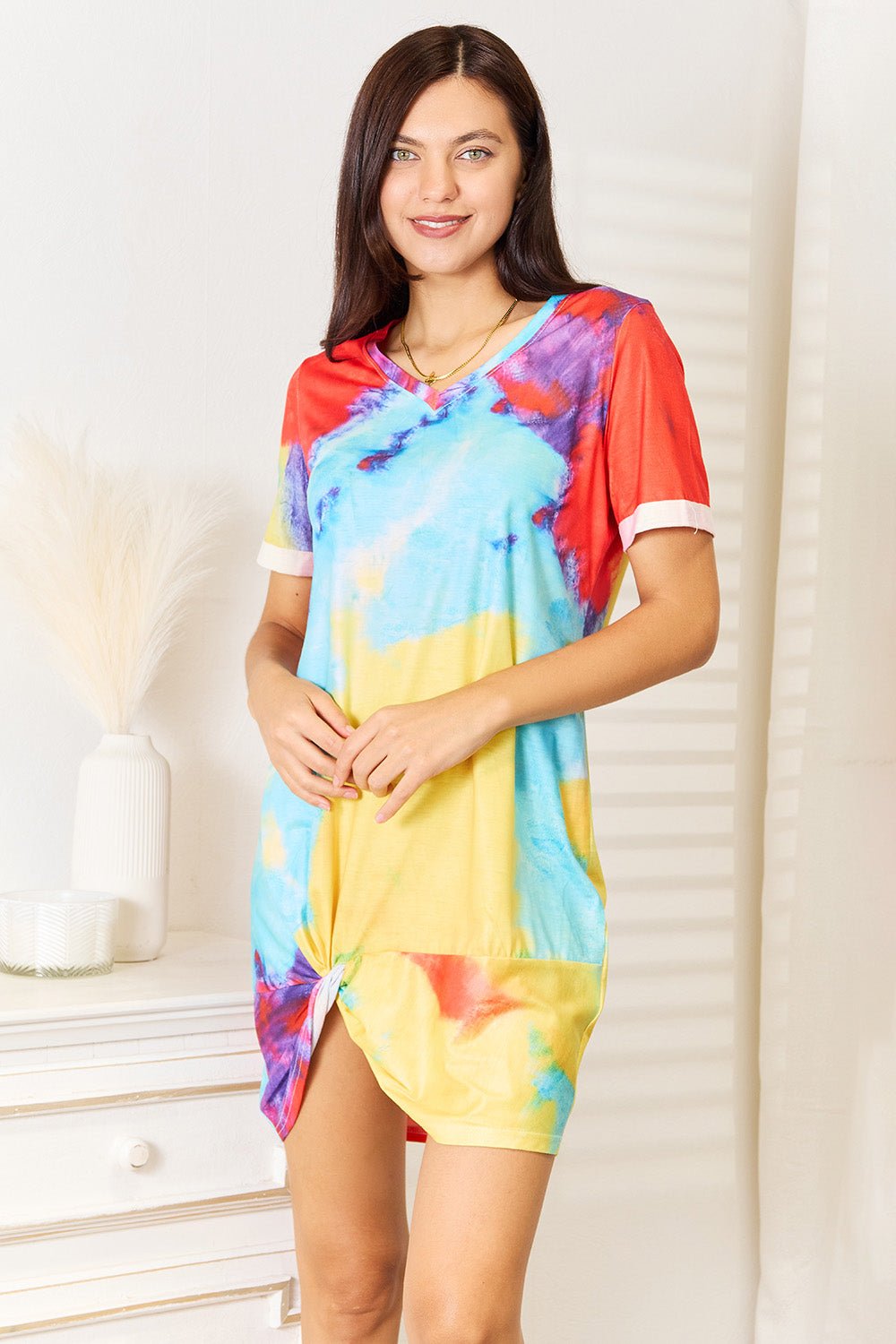 Double Take Tie - Dye V - Neck Twisted Dress - Admiresty