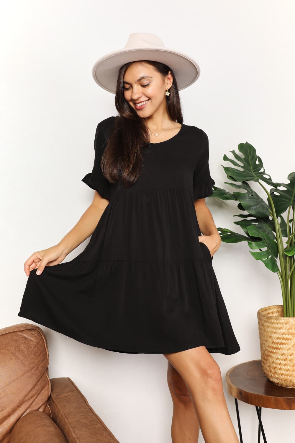 Double Take V - Neck Flounce Sleeve Tiered Dress - Admiresty