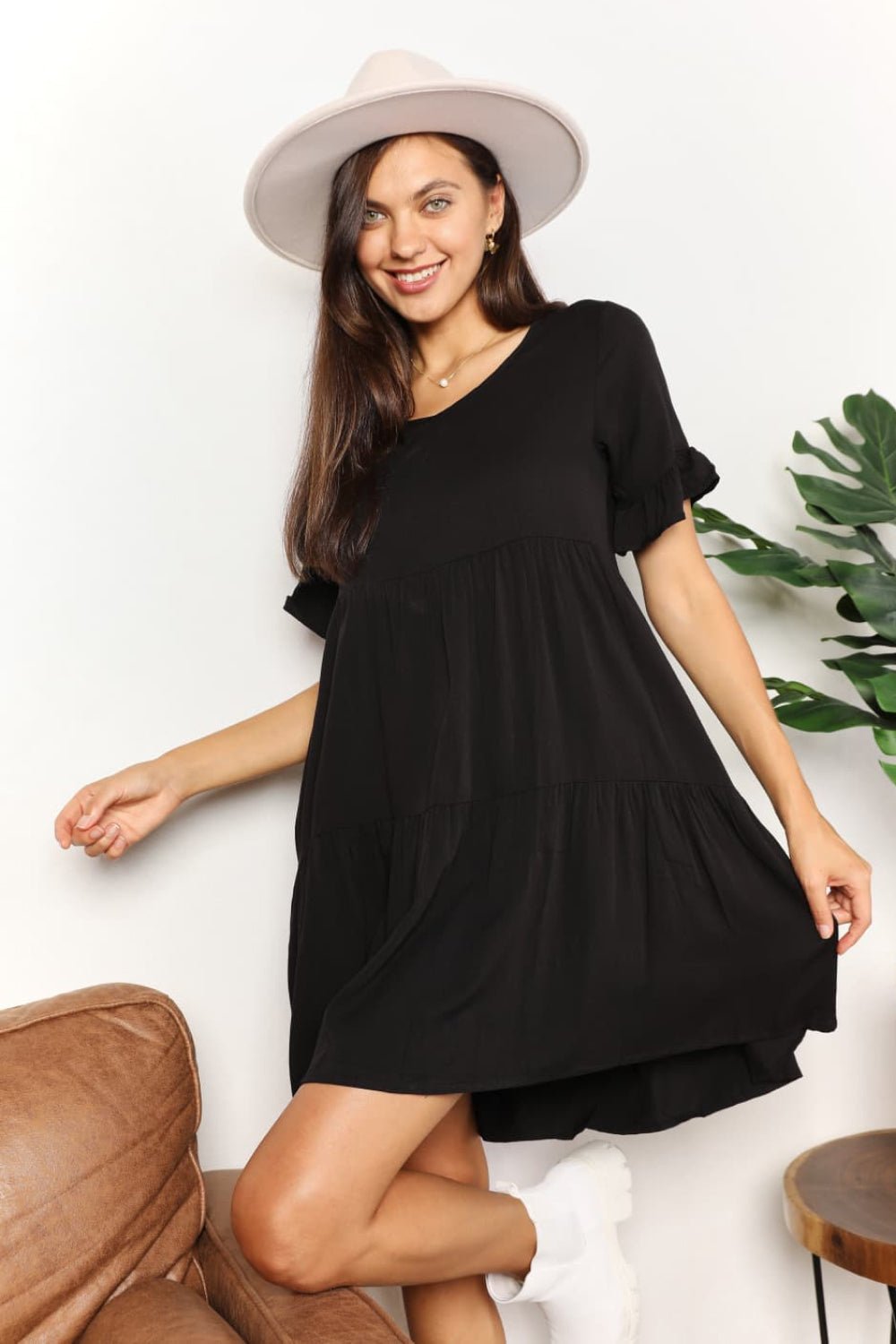 Double Take V - Neck Flounce Sleeve Tiered Dress - Admiresty