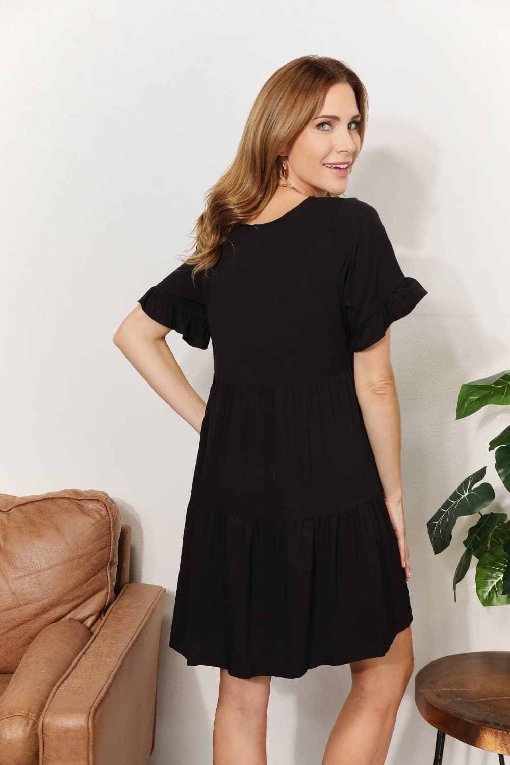 Double Take V - Neck Flounce Sleeve Tiered Dress - Admiresty