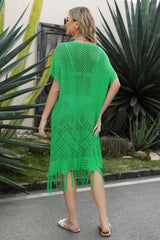 V-Neck Short Sleeve Fringe Hem Knit Dress