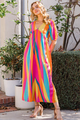 ODDI Full Size Striped Puff Sleeve Wide Leg Jumpsuit