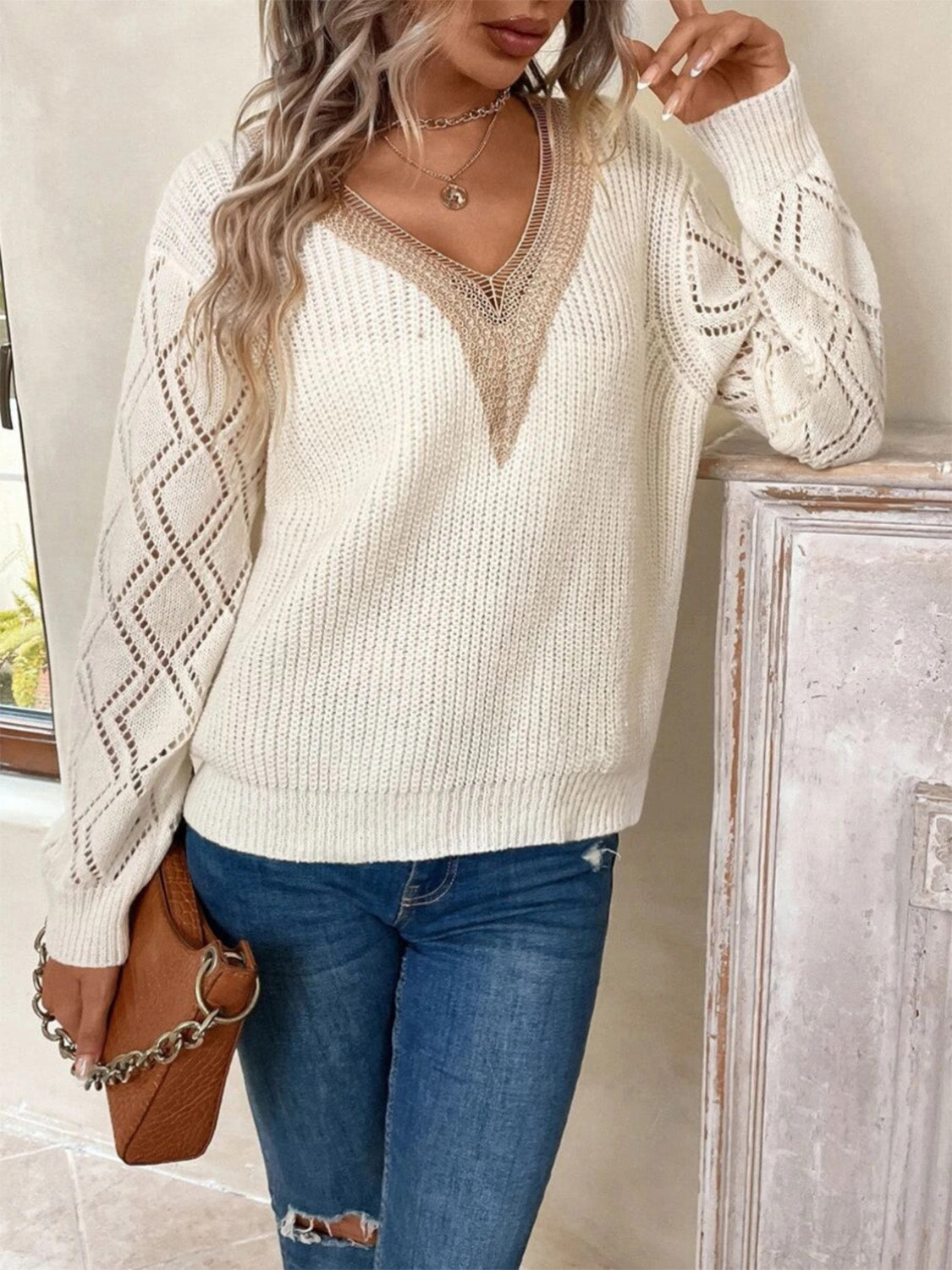 Openwork V-Neck Dropped Shoulder Sweater