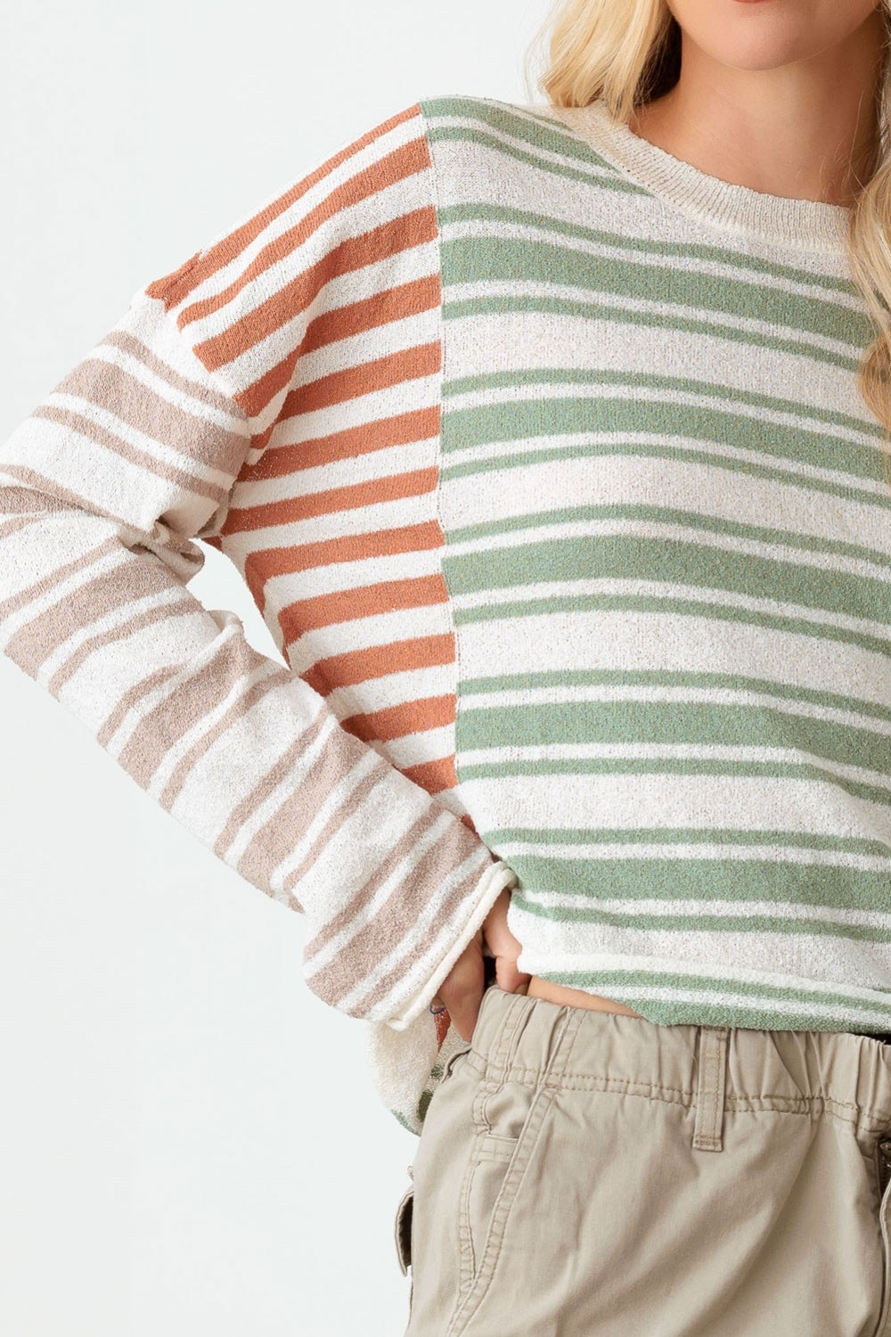 Tasha Apparel Color Block Stripe Long Sleeve Relaxed Knit Top