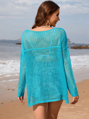 Openwork Slit Boat Neck Long Sleeve Cover-Up