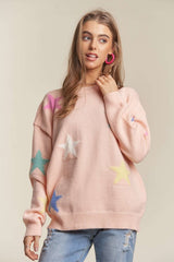 ADORA Stars Pattern Round Neck Drop Shoulder Sweater