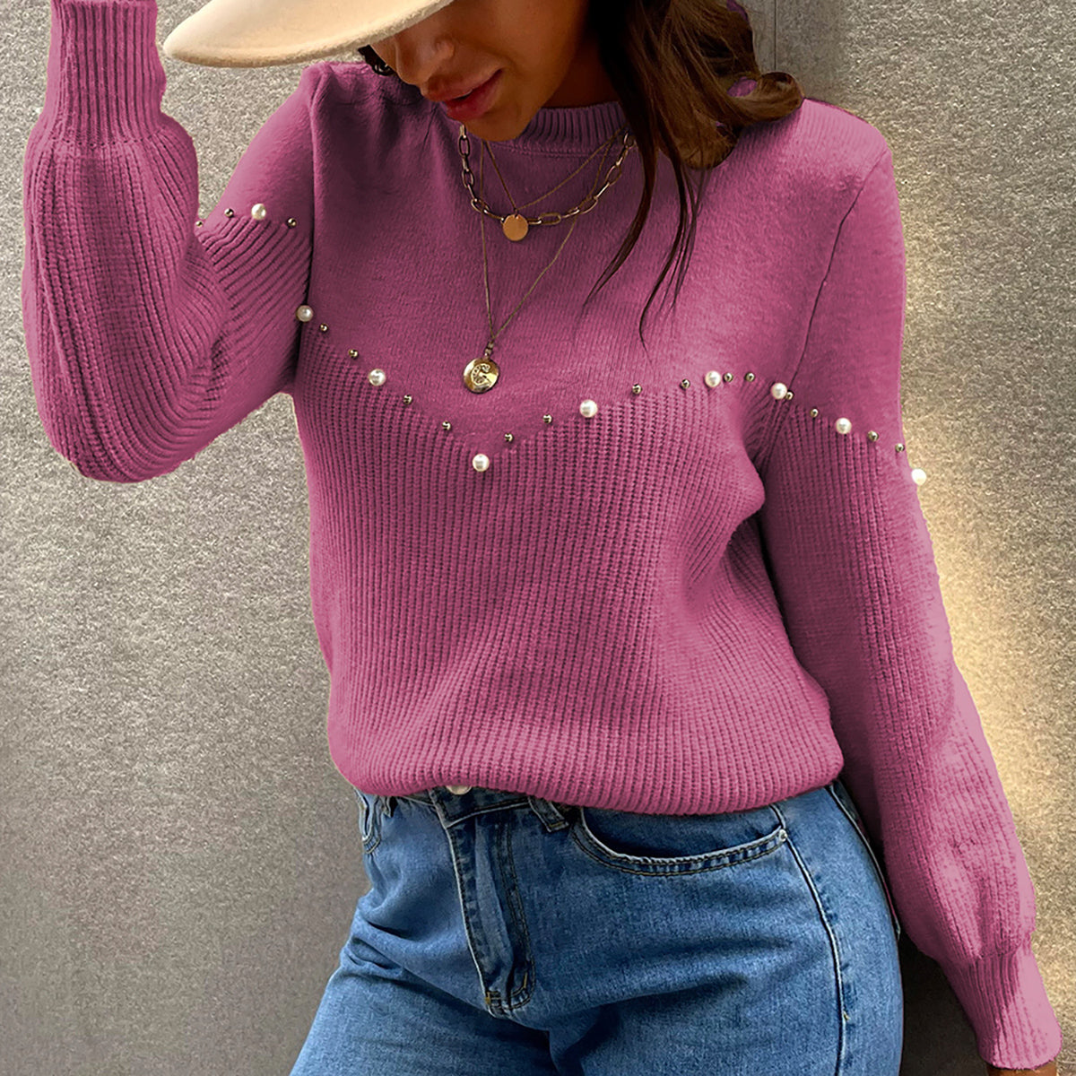 Pearl Detail Round Neck Sweater