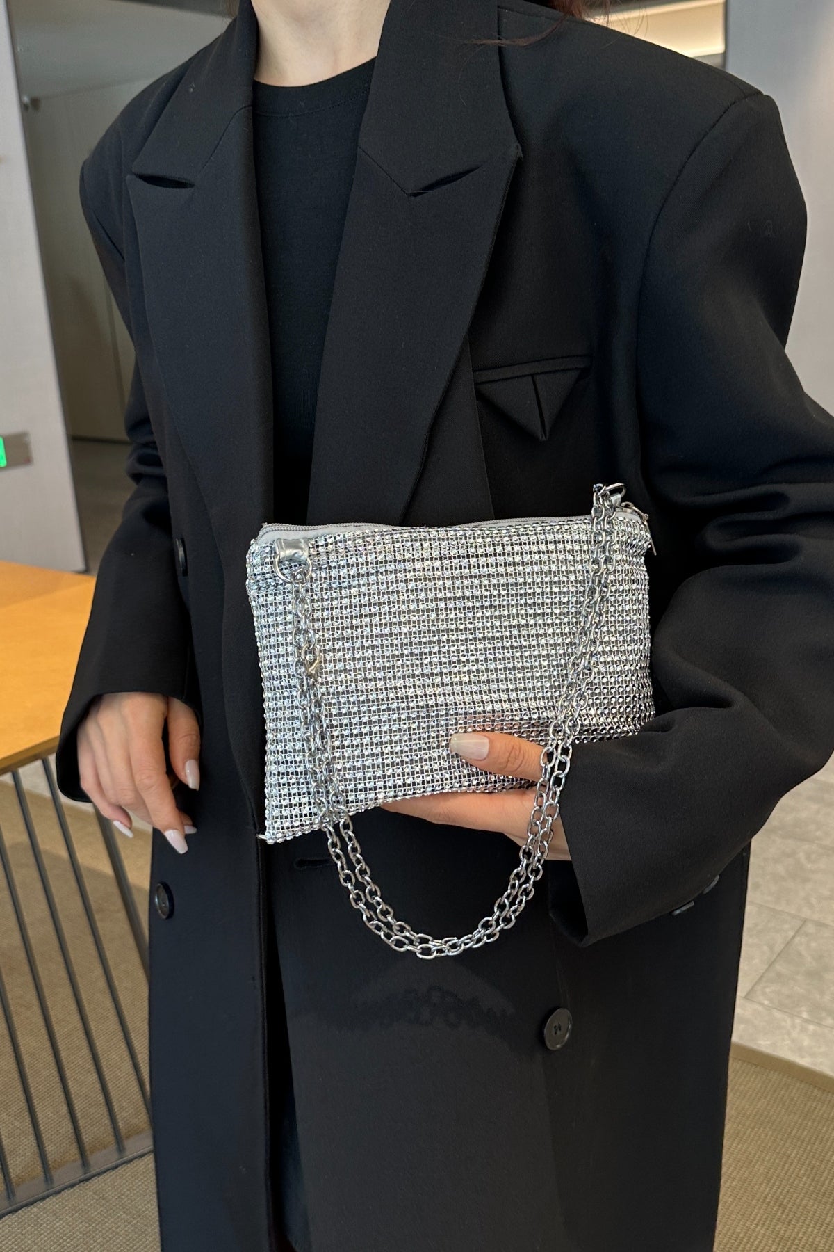 Bolso bandolera de poliéster con cadena y diamantes de imitación