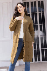 Fringe Trim Open Front Cardigan with Pockets