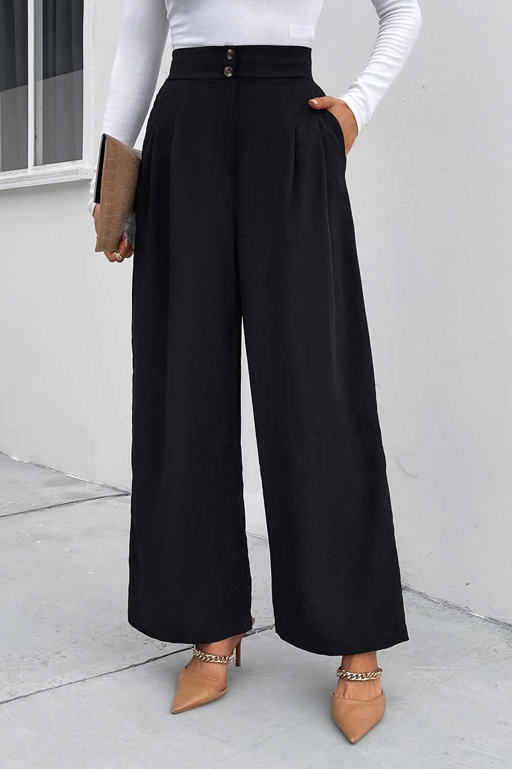 High Waist Ruched Pocketed Wide Leg Pants