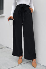 High Waist Ruched Tie Front Wide Leg Pants