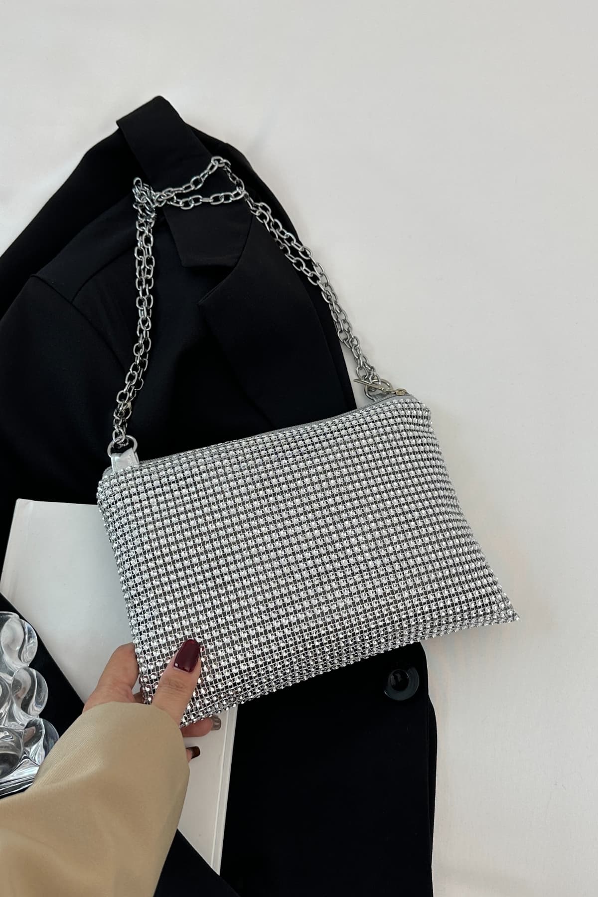 Bolso bandolera de poliéster con cadena y diamantes de imitación