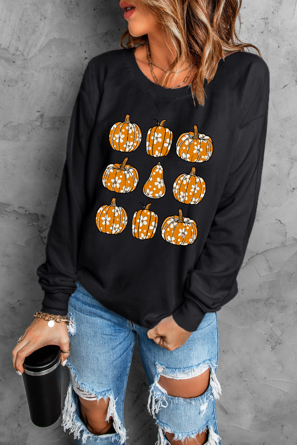 Sudadera de manga larga y cuello redondo con diseño de calabaza