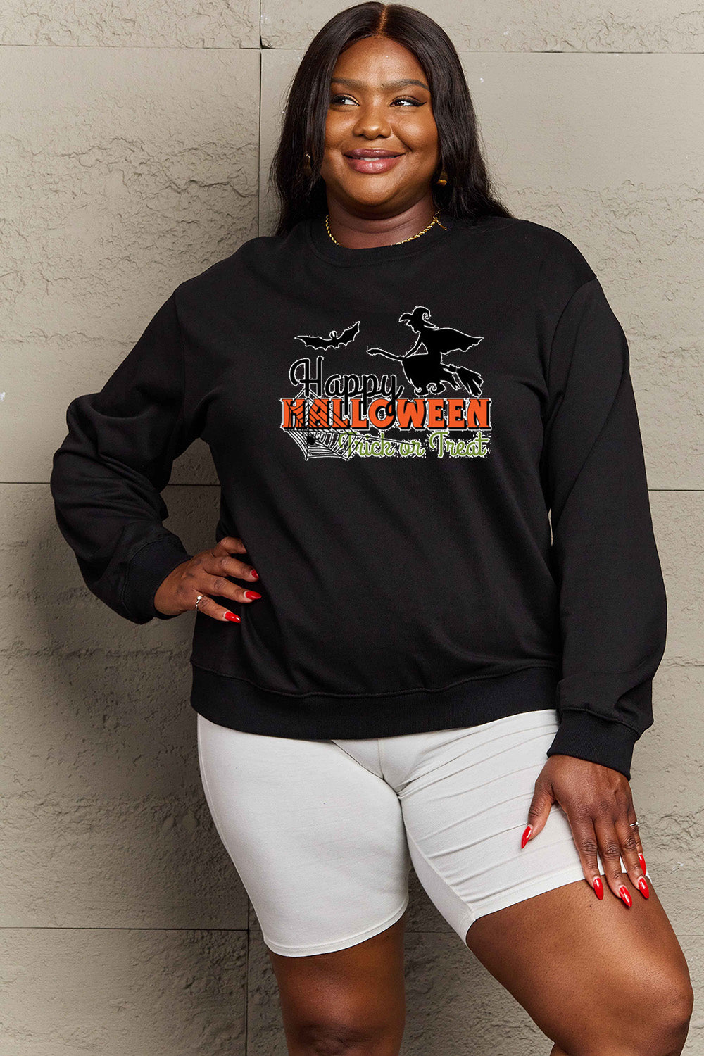 Sudadera con gráfico de tamaño completo HAPPY HALLOWEEN TRICK OR TREAT de Simply Love