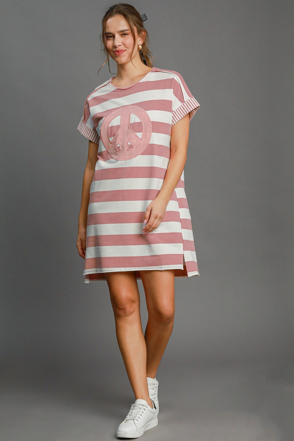 Umgee Peace Applique Striped Short Sleeve Mini Dress