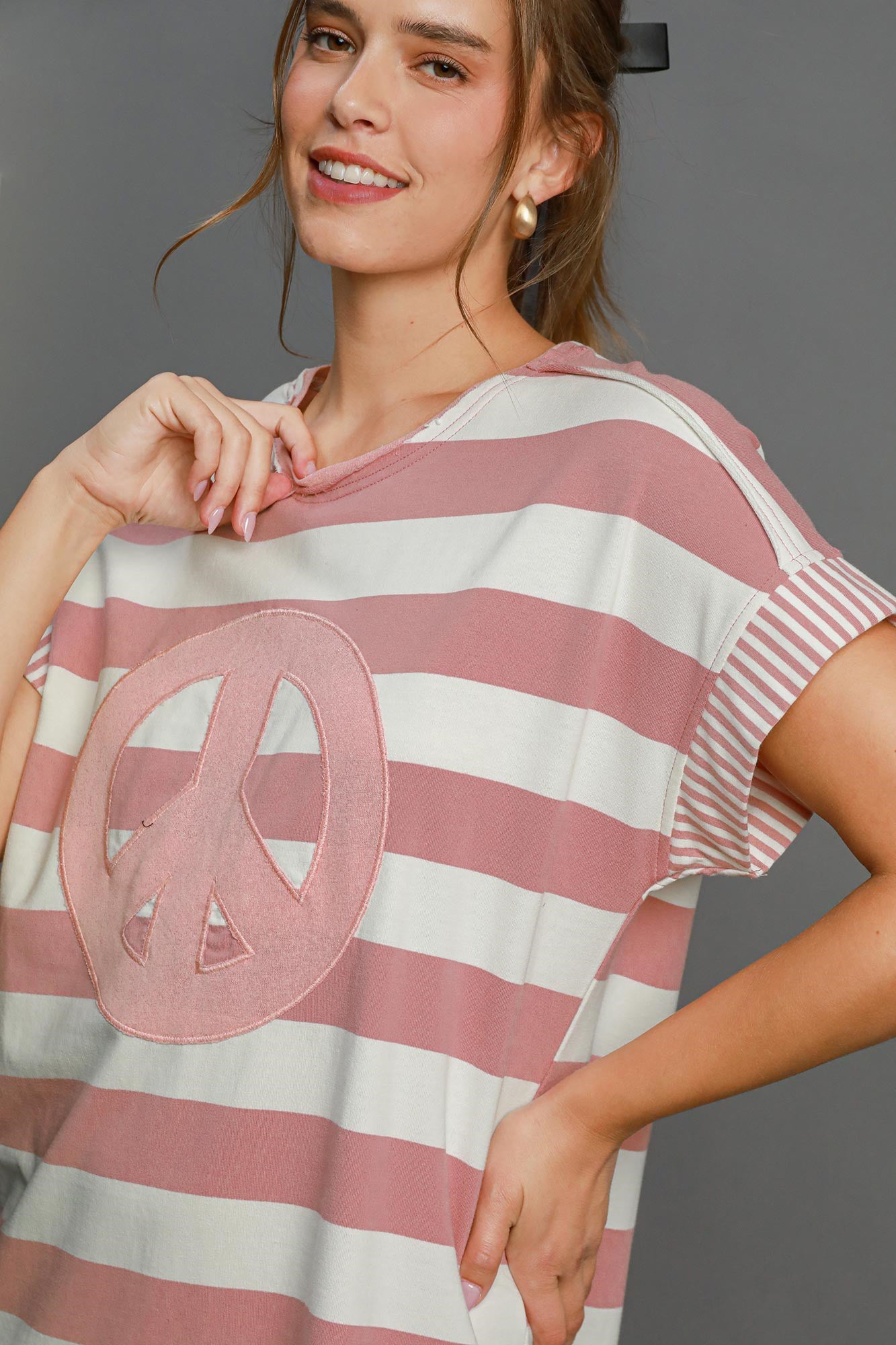 Umgee Peace Applique Striped Short Sleeve Mini Dress