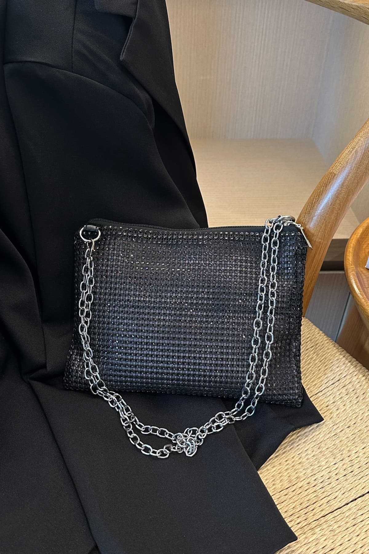 Bolso bandolera de poliéster con cadena y diamantes de imitación