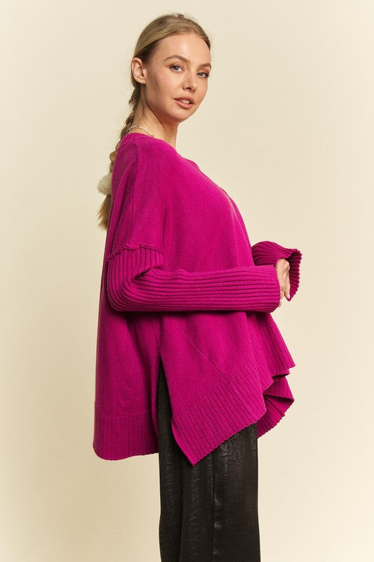 Davi & Dani Ribbed Side Slit V-Neck Sweater