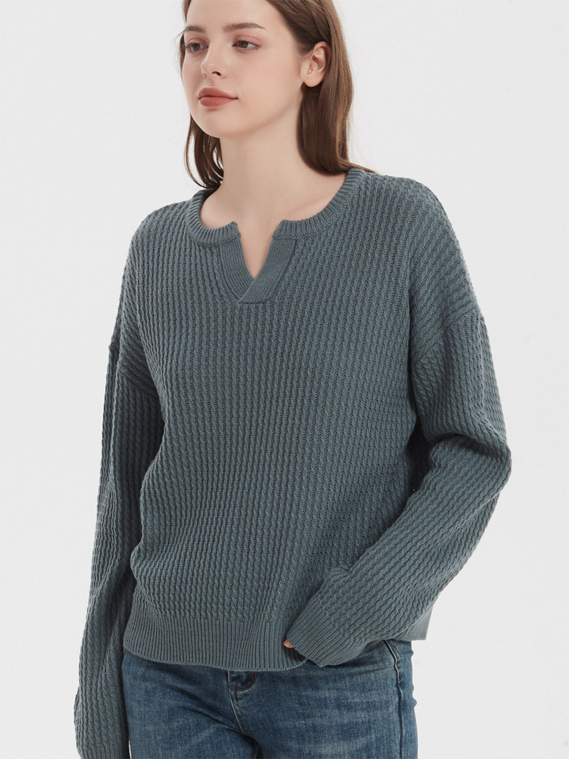 Notched Dropped Shoulder Sweater