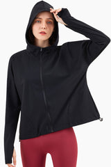 Thumbhole Sleeve Hooded Sports Jacket