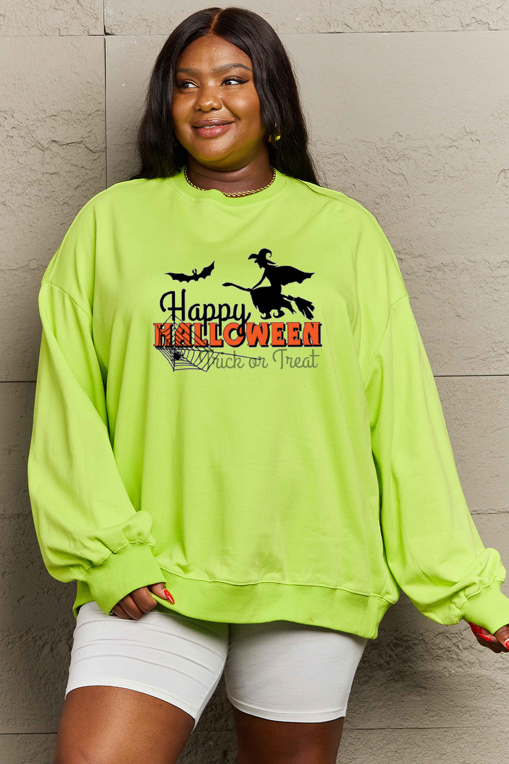 Sudadera con gráfico de tamaño completo HAPPY HALLOWEEN TRICK OR TREAT de Simply Love