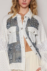 POL Eyelet Flower Pearl Detail Lace Patchwork Shirt