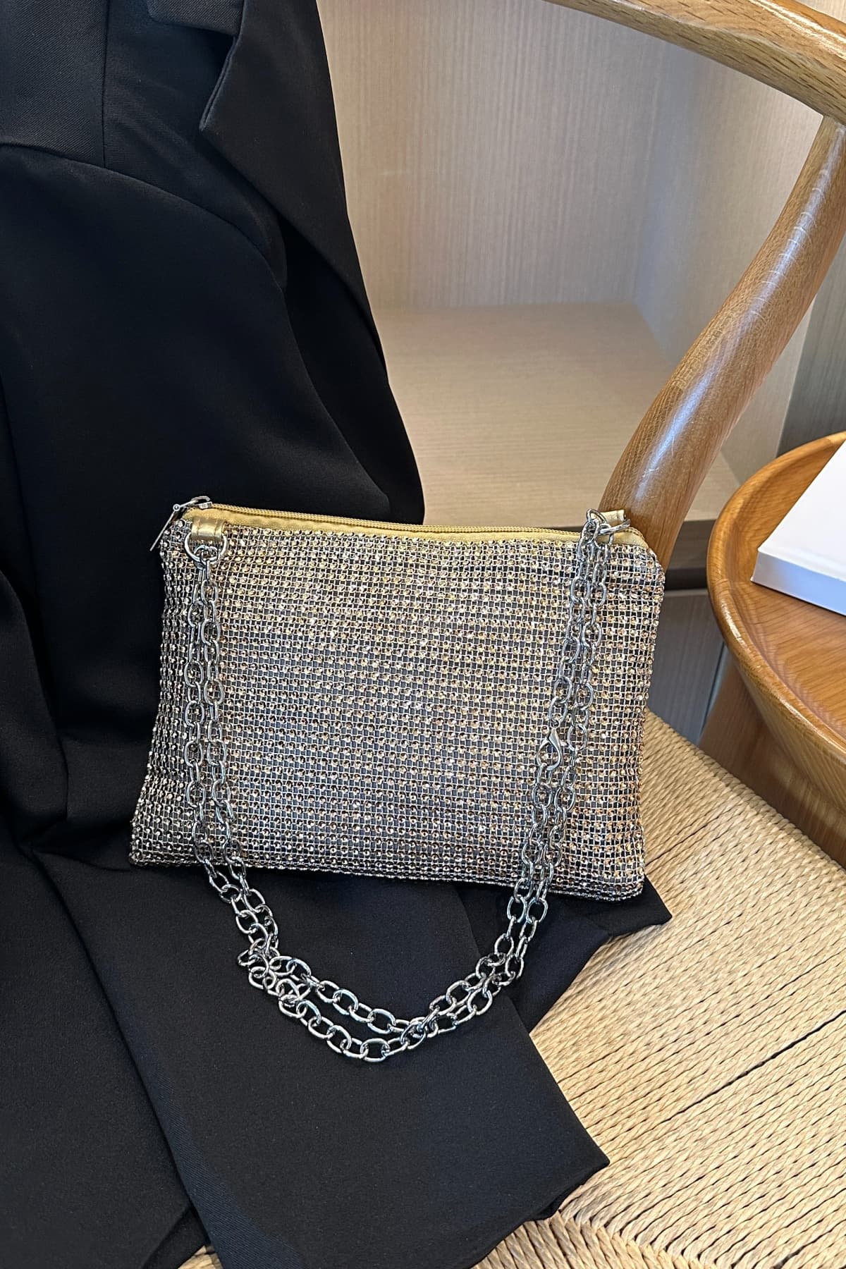 Bolso bandolera de poliéster con cadena y diamantes de imitación