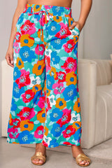 Plus Size Floral Drawstring Wide Leg Pants with Pockets