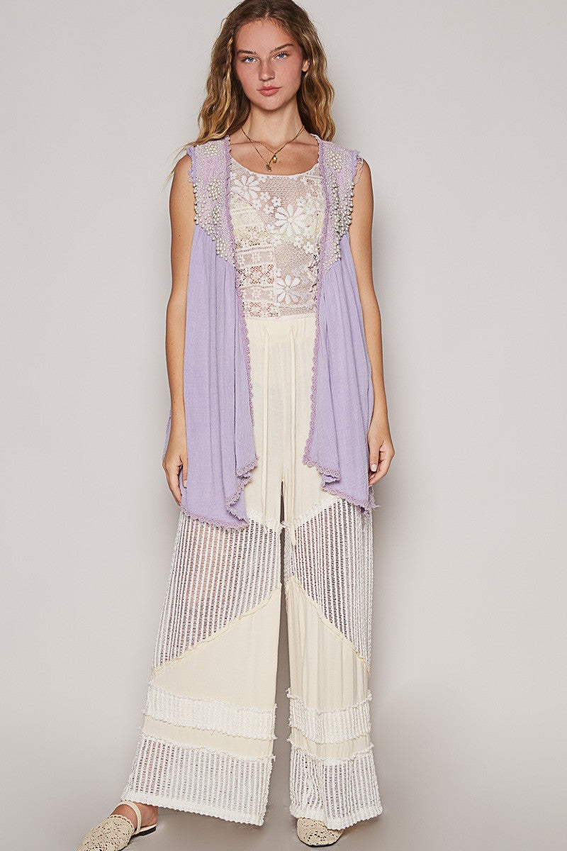 POL Embroidered Pearls Open Front Sleeveless Cardigan