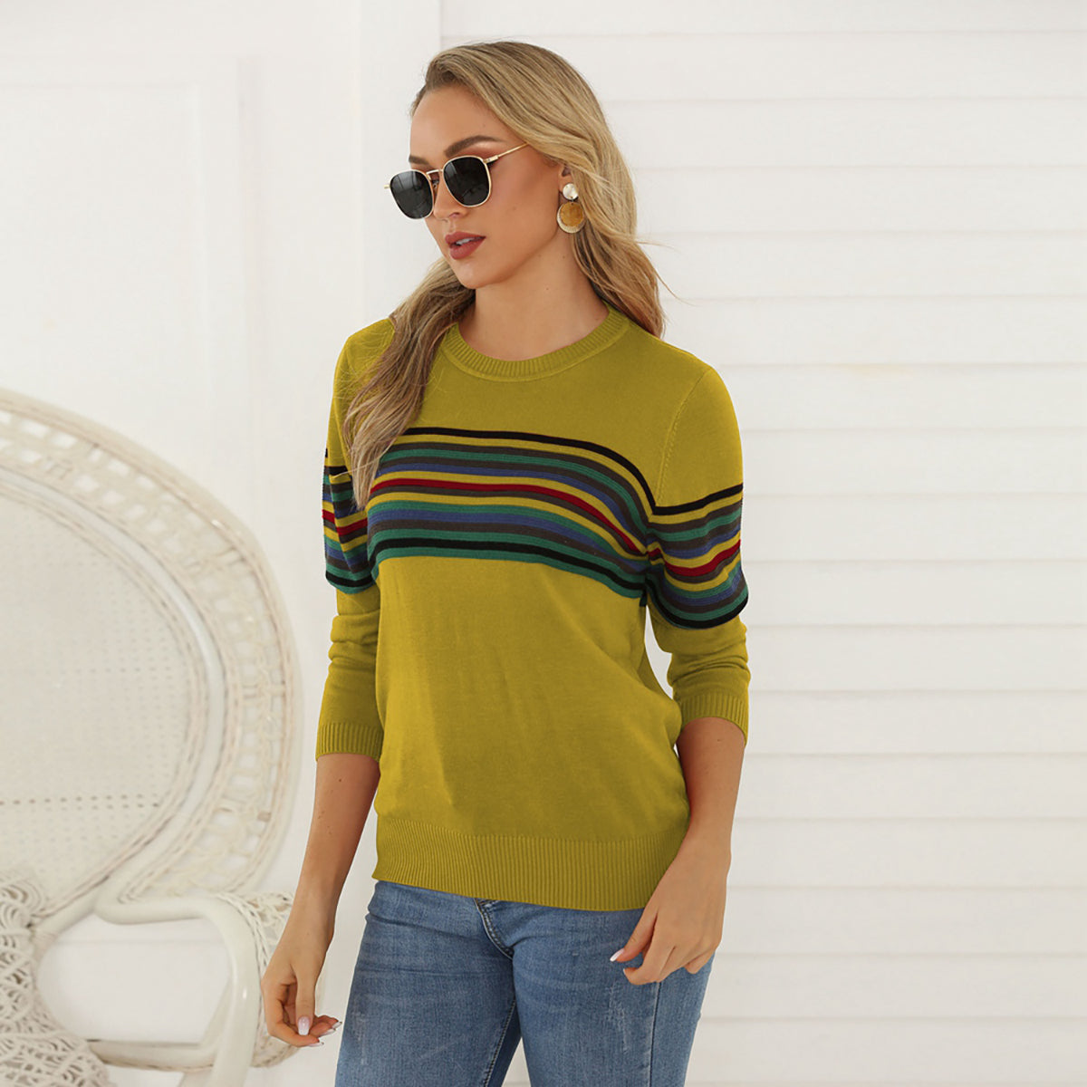 Striped Round Neck Long Sleeve Sweater