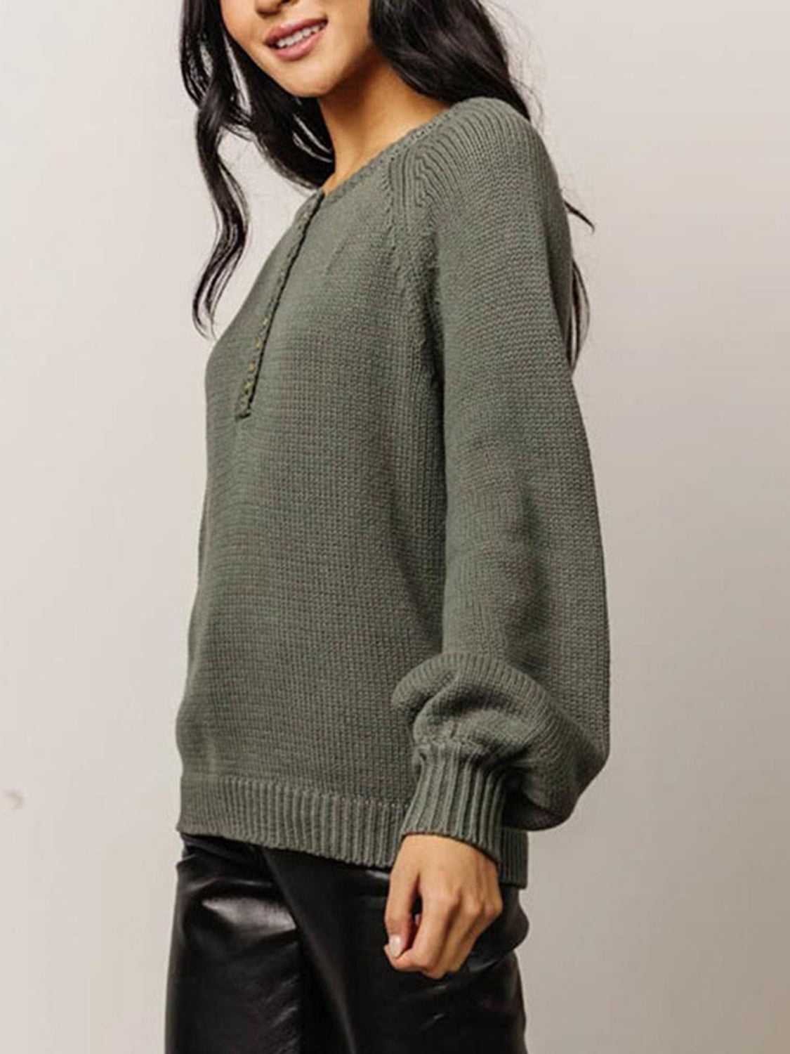 Buttoned Round Neck Long Sleeve Sweater