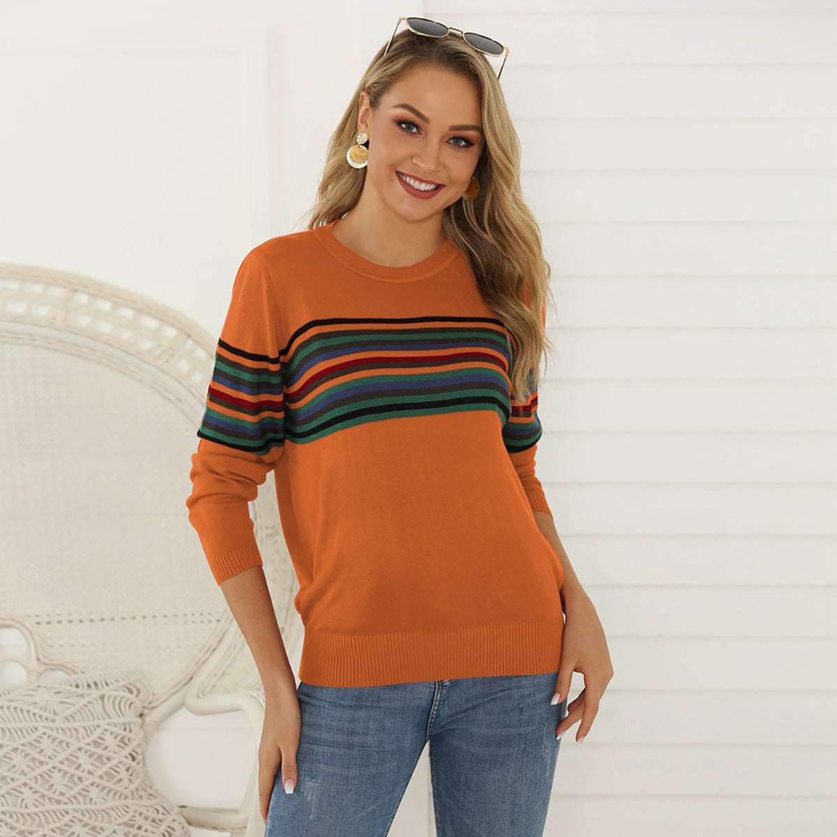 Striped Round Neck Long Sleeve Sweater