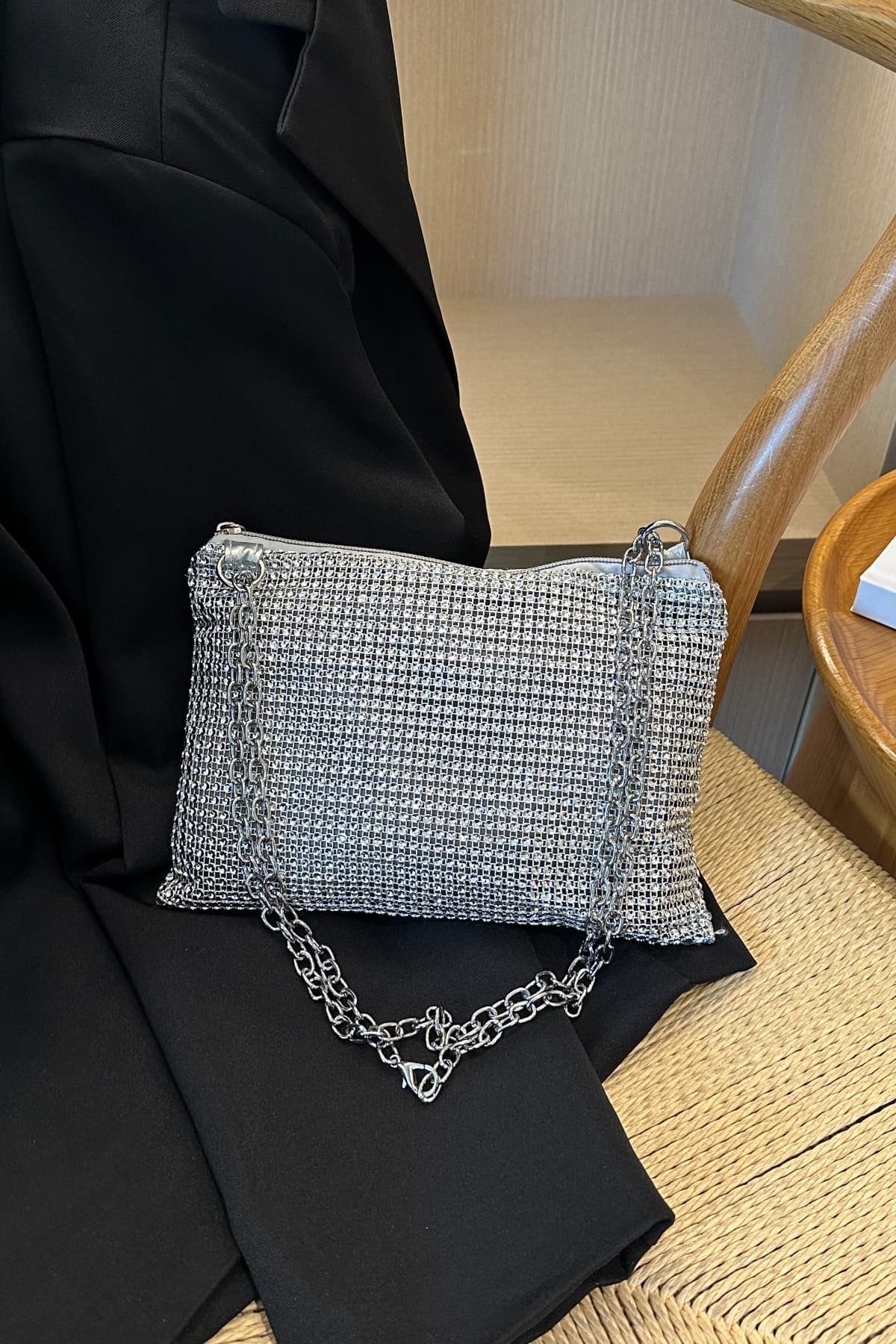 Bolso bandolera de poliéster con cadena y diamantes de imitación