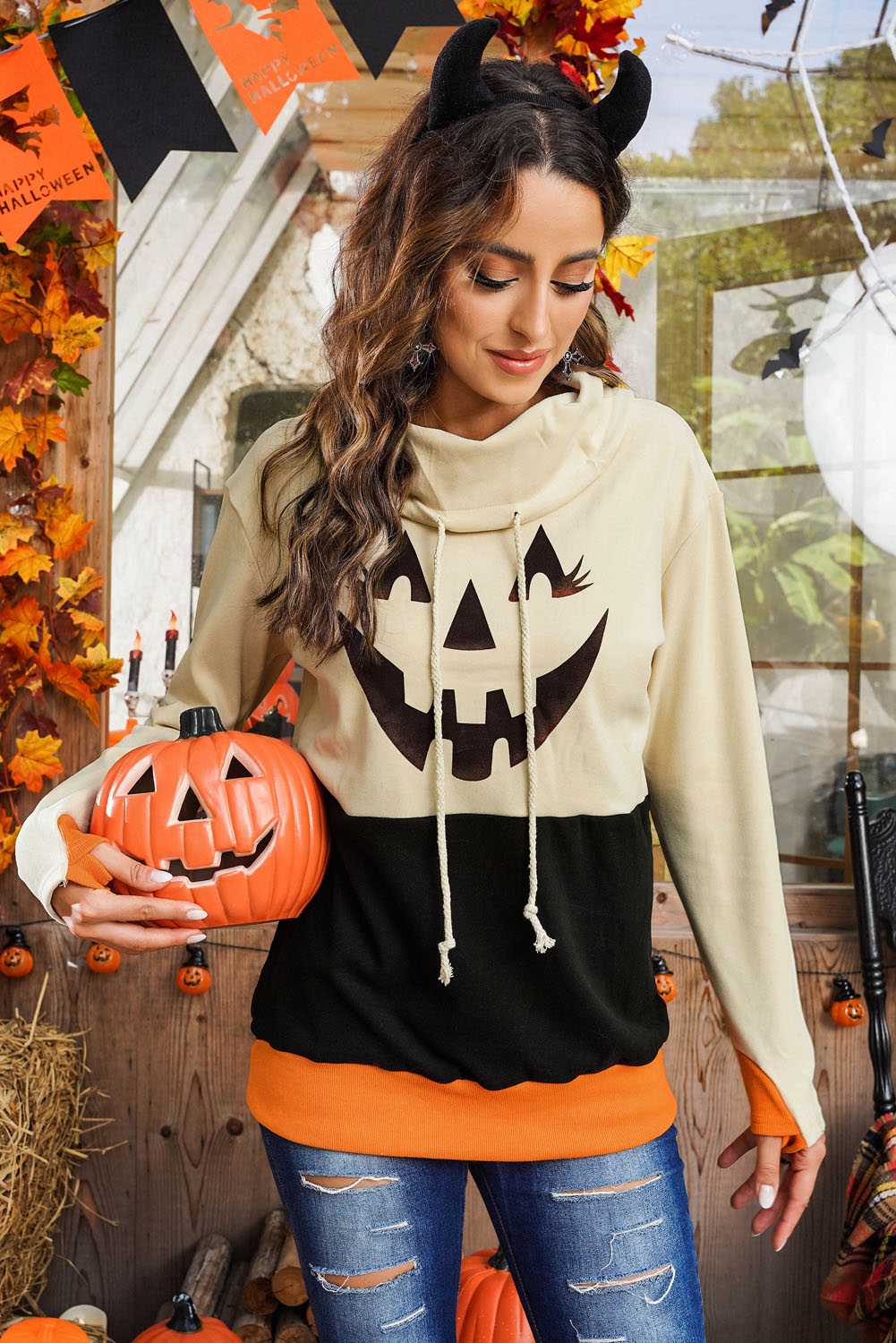 Sudadera con manga larga con estampado de Jack-O'-Lantern