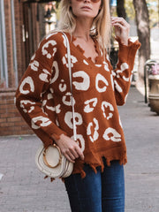 Leopard Frayed Hem Long Sleeve Sweater