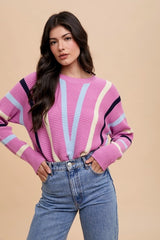 Annie Wear Chevron Stripe Round Neck Ribbed Sweater