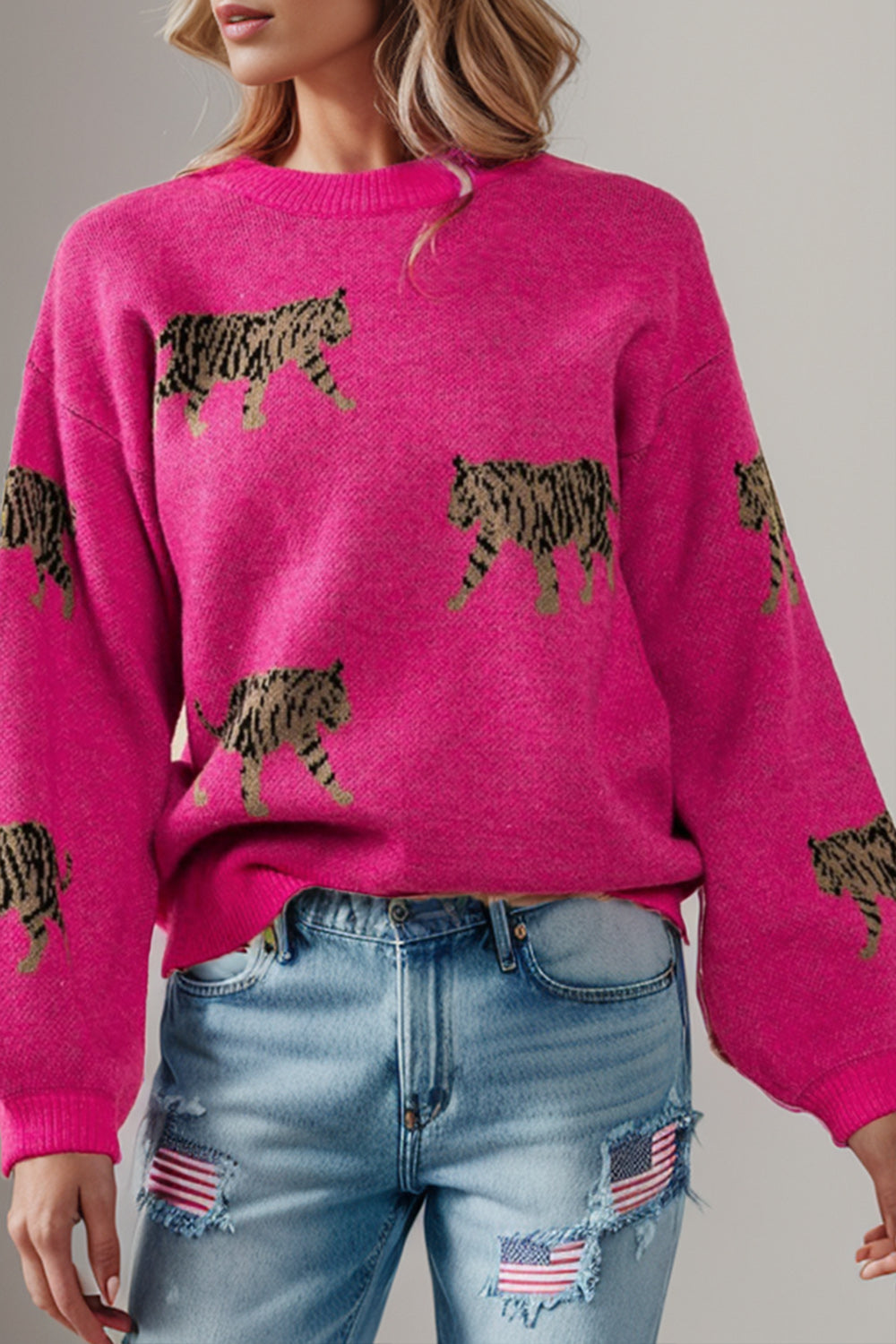 Tiger Pattern Round Neck Drop Shoulder Sweater