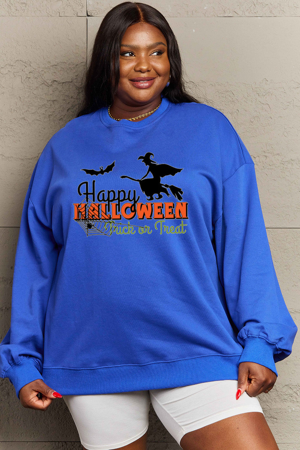 Sudadera con gráfico de tamaño completo HAPPY HALLOWEEN TRICK OR TREAT de Simply Love