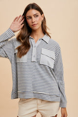 Annie Wear Striped Button Detail Long Sleeve Polo Top