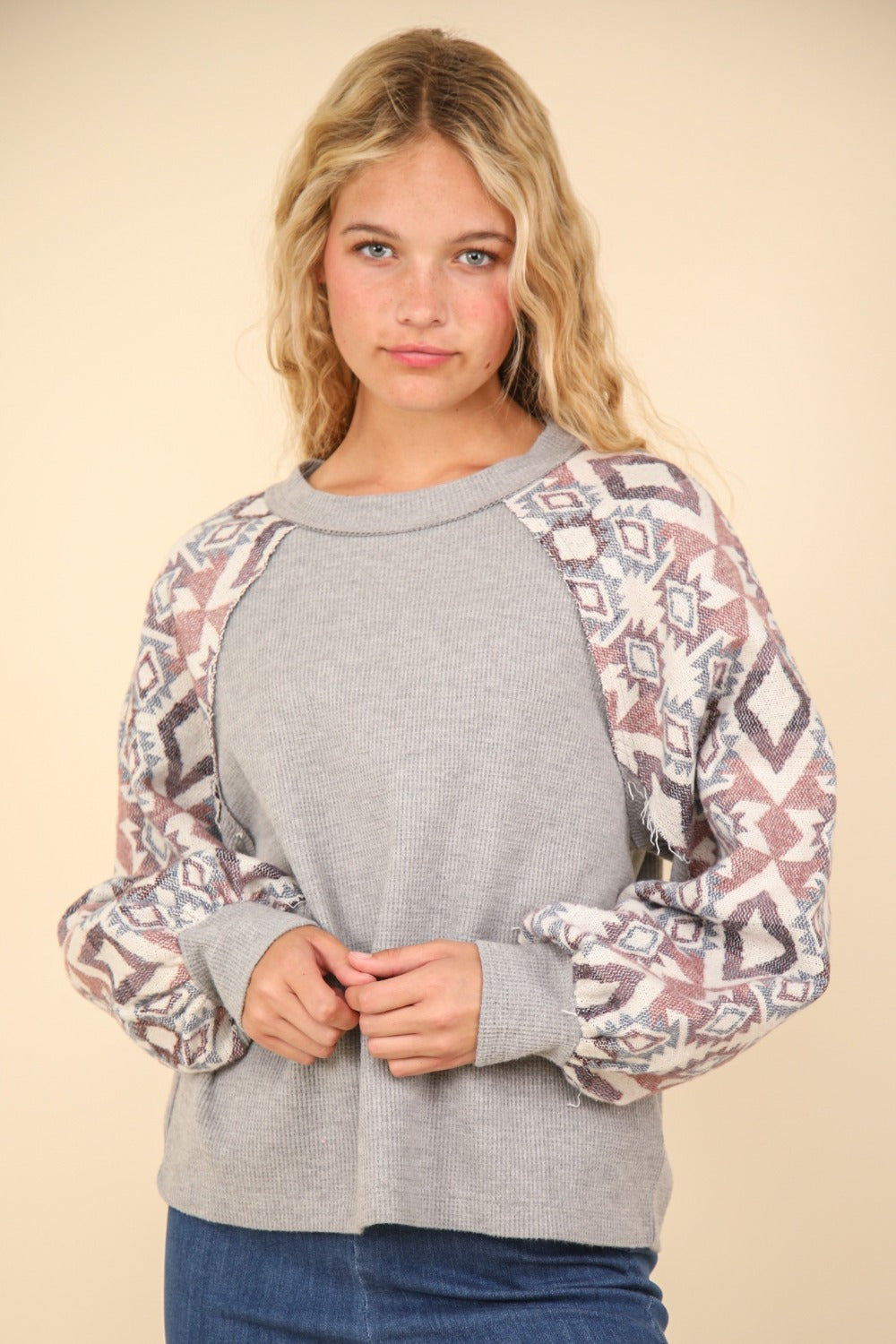 VERY J Printed Long Sleeve Round Neck Knit Top