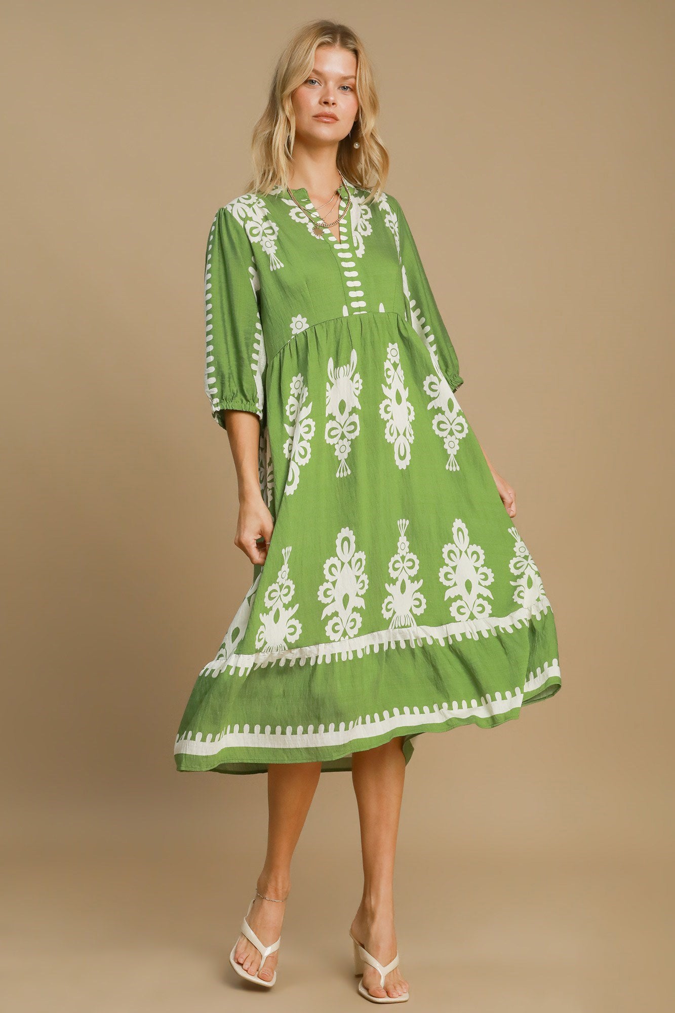 Umgee Printed Notched Midi Dress